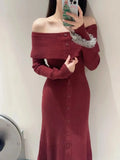 Tineit Slash Neck Long Sleeve vestidos Japan Knit dress High Waist dresses New high waist hip vestido elegant feminnino ropa Mujer