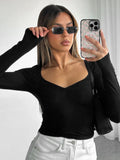 Tineit Simple Solid Color Square Collar Crop Top Streetwear Long Sleeve T-Shirt Fashion Women Casual Basic Pullover Tee 2024