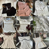 Tineit Chic Cute 2 Piece Set Y2K Fairy Coquette Lace Trim Crop Tops + Shorts 00s Retro Grunge Milkmaid Vest Tops Vintage Camis Outfit