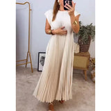 Tineit-Pleated Dress O Neck Sleeveless Women Ankle Length Dresses Pullover Folds Solid Color Casual Loose Fit Vestidos 2024 Basics