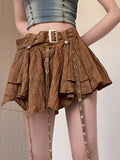 Tineit Punk Style Mini Skirt Women Low Waist Metal Buckle Belt Skirts Vintage Y2k Irregular Pleated A-Line Skirt Streetwear Skirt Falda