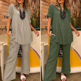 Tineit Summer Women Two Piece Sets Shirt V Neck Buttons Solid Colour Blouses Wide Leg Straight Pants Suit 2024 Casual Loose Ensemble