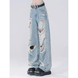 Tineit Blue Jeans for Women High Quality High Waist Streetwear Wide Leg Pants Worn-out Y2K Vintage Fashion Straight Summer Trousers