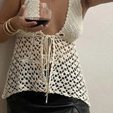 Tineit Vintage Knitted Front Tie Up Tank Vest Beach Crochet Hollow Out Halter Tops Women Sexy Backless Crop Tops Y2K Summer Holiday