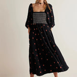 Tineit Bohemian Floral Dress Women Square Neck Ruffle Swing A Line Maxi Dress Long Sleeve Beach Style Holiday Lady Club Party Dress