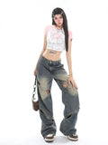 Tineit New Men And Women Ragged Pants Splicing Washed Hollow Jeans Y2K American Retro Gothic Punk Style Loose Casual Wide-leg Pants