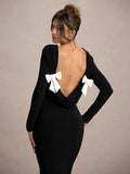 Black Friday Tineit Elegant Backless Bows Maxi Dress Female Chic Bodycon Long Sleeve Club Party Outfits Fashion Black Dresses Vestido Ladies