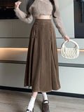 Tineit Autumn Winter Long Skirt Women Korean Fashion Bandage Drawstring Pleated Skirt Female Elegant Vintage High Waist A-line Skirts