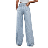 Tineit Wide Leg Trousers Women Straight Pants Denim Washing High Waist Loose Fit Pockets Button Basics Solid Color Holes Jeans Casual