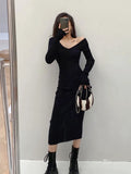 Tineit 2024 Fall Fashion Dresses For Women 2024 V Neck Sexy Slim Elastic Oversized Knitted Dress Fall Korean Fashion Basic Bodycon Sweater Dress Vestidos