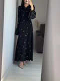 Tineit-Eid Muslim Party Dress for Women Ramadan Lotus Leaf Sleeve Print Long Dress Belt Abaya Vestidos Largos Dubai Robe Jalabiya 2024