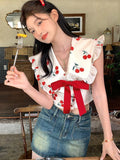 Tineit Kawaii Blouses Women Summer Sleeveless Off Shoulder Bow Peter Pan Collar Shirts Girl Japanese Sweet Cute Fairycore Y2k Crop Tops