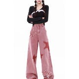 Tineit Women's Pink Jeans Letters Printed High-waisted American Street Wide Leg Pants Hip-hop Fashion Retro Straight Y2K Winter Pants