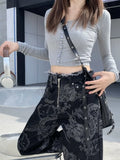 Tineit American Fried Street New Design Dragon Print Jeans Y2K High Street Fashion Casual Spice Girls Baggy Wide-leg Pant Men And Women