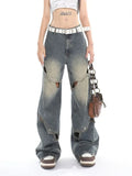 Tineit New Men And Women Ragged Pants Splicing Washed Hollow Jeans Y2K American Retro Gothic Punk Style Loose Casual Wide-leg Pants