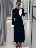 Black Friday Tineit Flare Sleeve Splice Knitted Long Dress For Women Casual High Waist Button Lapel Sweater Dress Elegant Autumn Party Dress