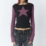 Tineit Gothic Mall Goth Tees y2k Star Patched Striped Long Sleeve T-shirt Harajuku Grunge O Neck Slim Fit Crop Tops Streetwear