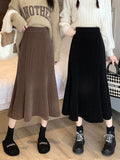 Tineit Corduroy Long Mermaid Skirt Women Autumn High Waist Ruffles Midi Skirts Female Korean Fashion Elegant Elastic Black A-line Skirt