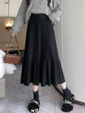 Tineit Knitted Long Skirts Women Autumn Winter Casual Loose Pleated Skirt Female Korean Fashion Solid Color High Waist A Line Skirt