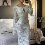 Black Friday Tineit White Sexy Lace Hollow Long Sleeve Dress For Women See Through Maxi Dress Hot Girl Fashion Bodycon Backless Outfits Lady