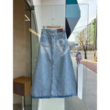 Tineit Summer Vintage Blue Women Denim Skirt Streetwear American Style Casual High Waist Ladies Slit Jean Medium and Long A-line Skirt