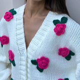 Tineit 3D Rose Flower Knitted Cardigan Female 2024 Autumn Winter Hand-Knitted Sweater Jacket V Neck Fashion Splice Casual Top