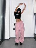 Tineit- Y2K Pink Cargo Pants Women Kpop Style Streetwear Wide Leg Sweatpants Oversized Korean Fashion Hip Hop Jogger Trousers