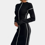 Black Friday Tineit Elegant Line Knitted Dress For Women Slim Fit Hip-Covering Long Sleeve Round Neck Long Dresses 2024 Autumn Commuting New