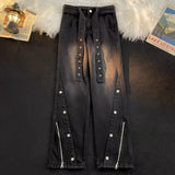 Tineit American New High Street Vibe Wind Leisure Zipper Slit Jean Y2K Fashion Loose Gothic Straight Mop Pants Men And Women Streetwear