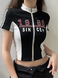 Tineit Spicy Girls Crop Tops Women Letter Print Knitted Y2K Top Ladies Slim Fit Short Top Ladies Zipper Cardigan Tees Shirt Streetwear