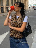 Tineit Leopard Print Pin Vest For Women V-Neck Sleeveless Fashion Hot Girl Cardigan Top Female Autumn New Slim Fit Short Vest