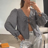 Tineit Y2K Kawaii Loose Crop Tops Women Streetwear Plaid Print Front Tie Up T-shirt 00s Retro Cottage Long Sleeve V Neck Blouse Tees