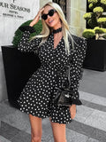 Black Friday Tineit Fashion Dot Lace Up Dress Female Puff Sleeve A-Line Hem Dress Office Lady Elegant Slim Dresses High Street Autumn 2024