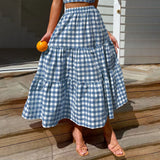 Tineit y2k Clothes Women Vintage Maxi Skirts A Line Ruffle Plaid Print Flowy Long Skirt Losse High Waist Summer Party Clubwear Skirts