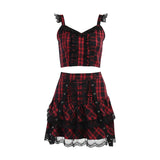 Tineit Ladies Gothic Directional Design New Two Piece Dark Plaid Suspender Lace Tie Pleated Skirt Set