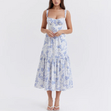 Tineit Blue Floral Layered Midi A-Line Dress