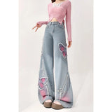 Tineit Women Vintage Baggy Blue Embroidery Jeans 90s High Waist Denim Trouser Harajuku Retro Korean Y2k Wide Cowboy Pants 2000s Clothes