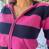 Tineit 90s Vintage Y2K Aesthetic Striped Cropped Sweater Autumn Zip Up Knitted Cardigans Hooded Women Long Sleeve Slim Fit Coats