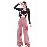 Tineit Women's Pink Jeans Letters Printed High-waisted American Street Wide Leg Pants Hip-hop Fashion Retro Straight Y2K Winter Pants