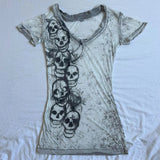 Tineit E-girl Gothic Grunge Skull Print Tshirt 2000s Retro Emo Short Sleeve Slim Fit Tees Graphic Tie Dye V Neck Crop Tops Y2K Clothes