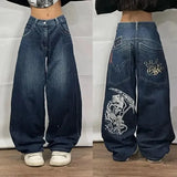 Tineit 2024 American Oversized Print Jeans Y2K Street Retro Harajuku Hip-hop Popular Loose High-waisted Jeans Men And Women Streetwear