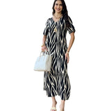 Tineit-Women Ankle Length Dresses Print V Neck Short Sleeve Loose Fit Dress Pullover Vestidos Striped Pockets 2024 Casual Summer