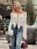 Tineit Lace Up Hollow T-Shirt Top Female Ruffled Patchwork Long Sleeve Cardigan Outwear Women Sexy Slim White Bandage Tee Coat