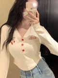 Tineit Y2k Cherry Embroidered T-shirt Women Sexy V Neck Long Sleeve Crop Top Female Spring Korean Fashion Harajuku Sweet Cute Slim Tees