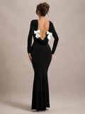 Black Friday Tineit Elegant Backless Bows Maxi Dress Female Chic Bodycon Long Sleeve Club Party Outfits Fashion Black Dresses Vestido Ladies