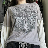 Tineit Japanese Edgy 00s Retro Gothic Emo T-shirt Cyber Y2K Grunge Mall Goth Top Patchwork Full Sleeve Baggy Pullovers Tees