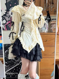 Tineit Y2k Aesthetic Lace Shirt E-girl Ruffle Irregular Goth Embroidery Blouses with Bow Fairycore Grunge Lolita Style Clothes