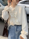 Tineit Autumn Long Sleeve Blouse Women Button Ruffles Shirts Female White Lace Tops Office Ladies Korean Fashion Top Blusas Para Mujer