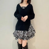 Tineit  Spring 2025 New Dress Suit Female V-neck Long Sleeve Knit Pullover Sweater + Floral Printed Strap Vestidos Japan Women Suits