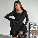 Black Friday Tineit Flare Sleeve Slim Mini Dress For Women Fungus Splice Long Sleeve Outfits New Female Elegant Club Party Dresses High Waist